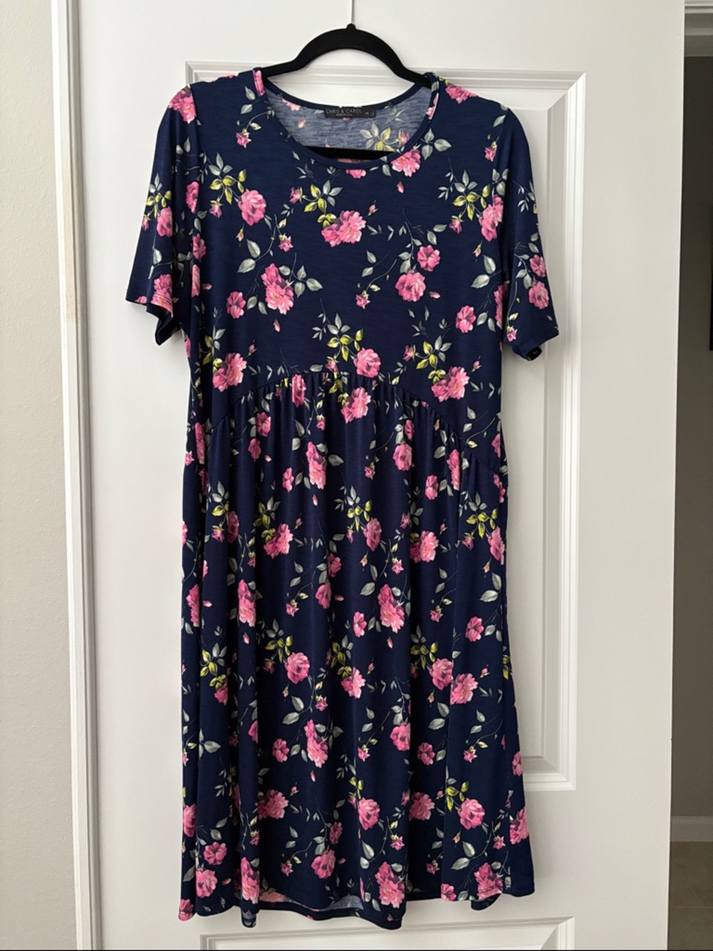 Navy Floral Short Sleeve Dress with Pink Roses Womens 1X